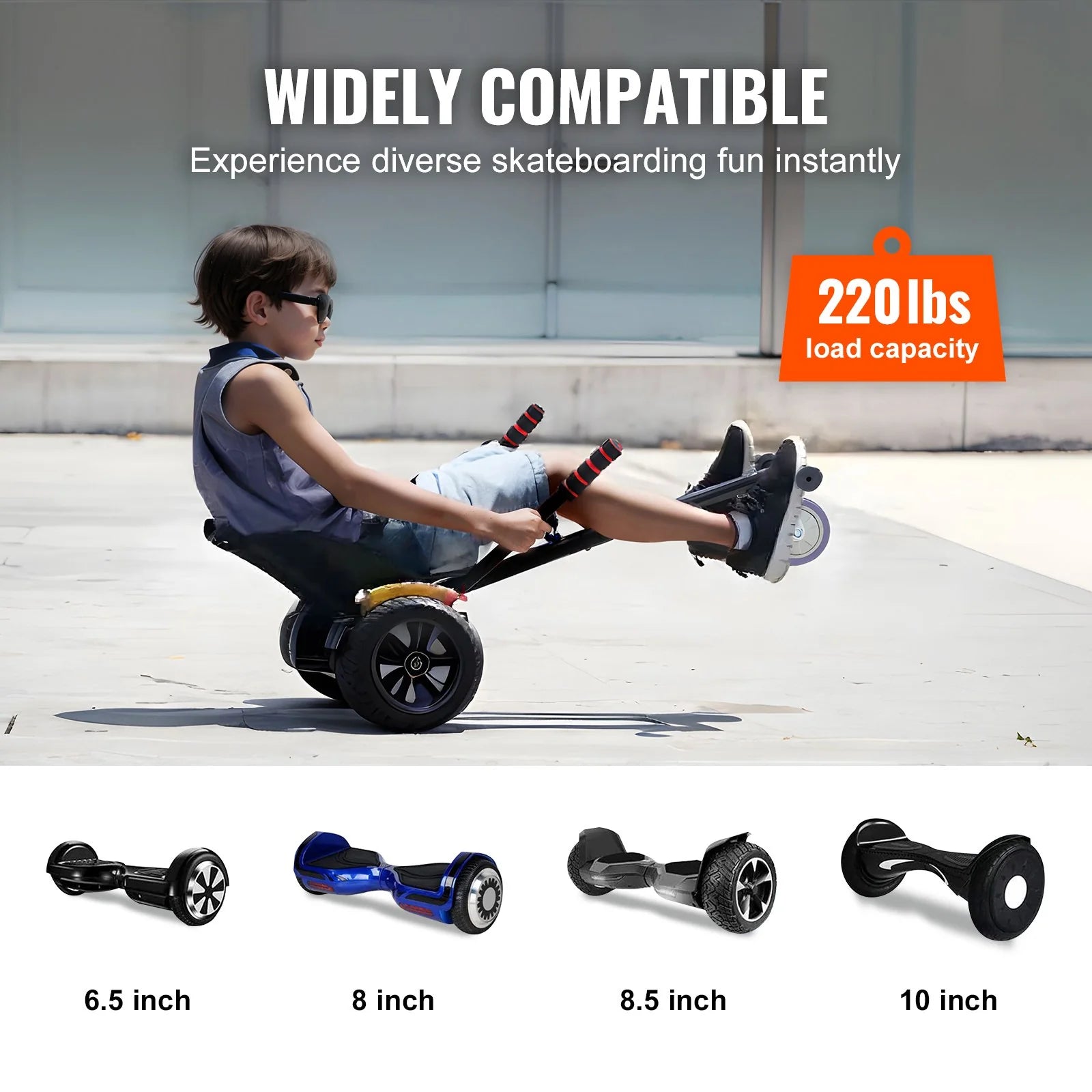 VEVOR Hoverboard Seat Attachment, Compatible with All 6.5 8 8.5 10 Hoverboards, Grips Control, Adjustable Frame Length and 220 LBS Load Capacity, Hover Board Go Karts Accessory, for Kids Adults